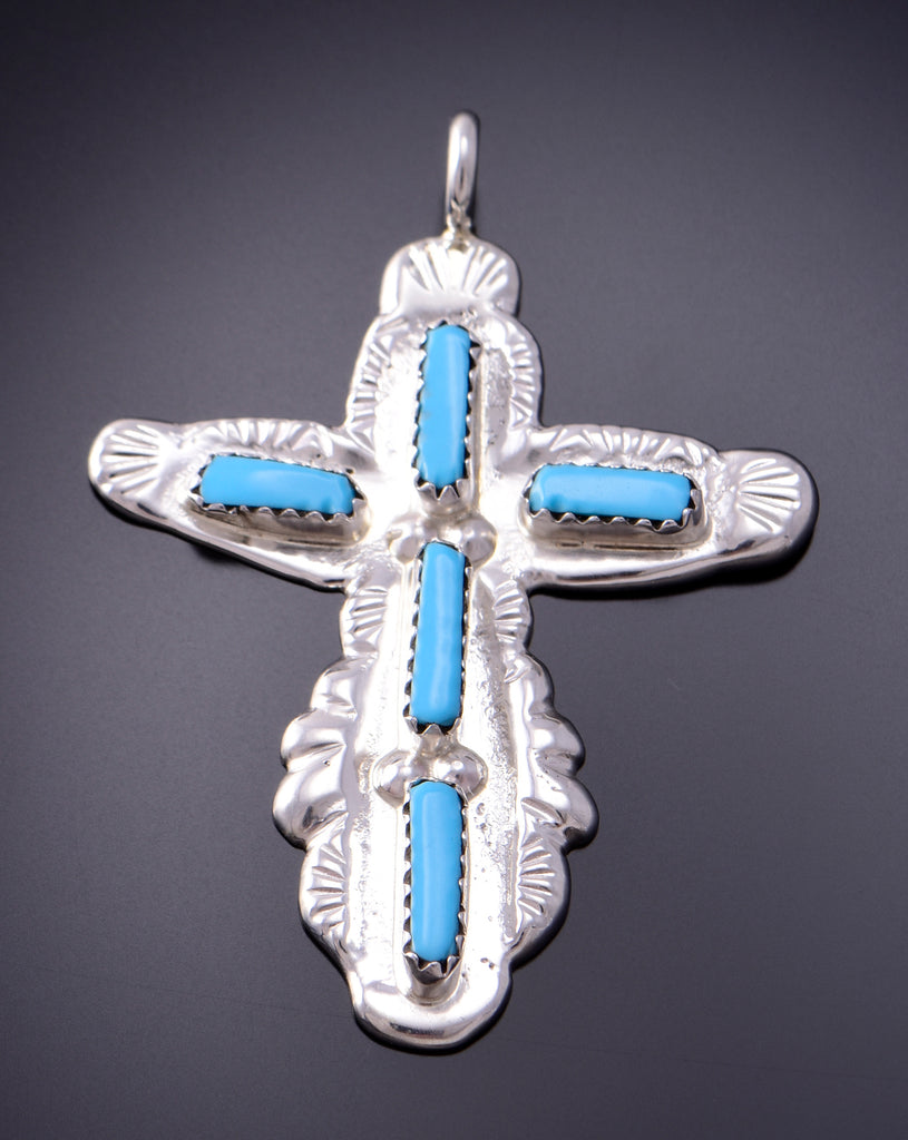 Silver Turquoise Zuni Handmade Cross Pendant by C. Iule 3F10Y