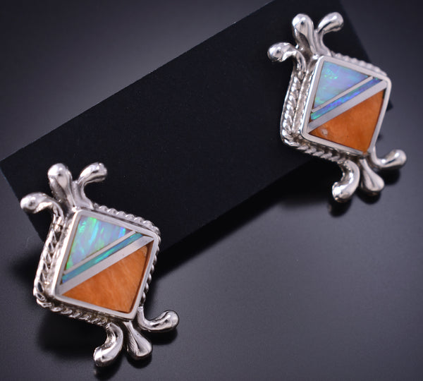 Silver & Spiny Oyster Shell w/ Opal Navajo Inlay Earrings James Manygoats 6D07N