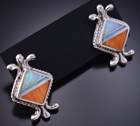Silver & Spiny Oyster Shell w/ Opal Navajo Inlay Earrings James Manygoats 6D07N