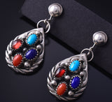 Vintage Silver & Turquoise Multistone Navajo Clip On Earrings 5H21O