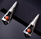 Silver & Coral Navajo Handmade Shadow Earrings by Felix Perry 6F17W