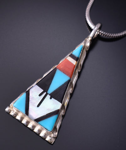 Silver & Turquoise Multistone Zuni Inlay Triangular Pendant by Carol Niiha 5B19C
