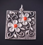 Silver & Coral Navajo Tufacast Flowers Pendant by Rebecca T. Begay 4F25T