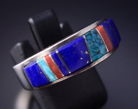 Size 9 Silver & Turquoise Multistone Navajo Inlay Ring by Orlinda James 5L07K