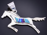 Silver & Turquoise Multistone Navajo Inlay Free Horse Pendant - Edward Lee 5L26P