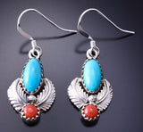 Silver & Turquoise & Coral Feathers Navajo Earrings by Emery Spencer 3J16P