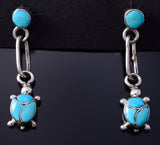 Silver & Turquoise Zuni Inlay Turtle Post Dangle Earrings 5F10Y