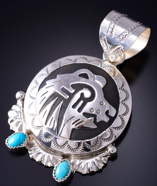 Silver & Kingman Turquoise Strong Bear Navajo Pendant by Alonzo Mariano 5L13C