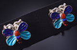 Silver & Turquoise Multistone Zuni Inlay Butterfly Earrings by Erva Quam 5G18Q