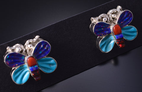 Silver & Turquoise Multistone Zuni Inlay Butterfly Earrings by Erva Quam 5G18Q