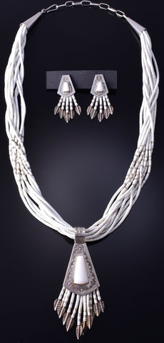 Vintage White Clam Shell Navajo Necklace & Earring Set by Christin Wolf 5D09F