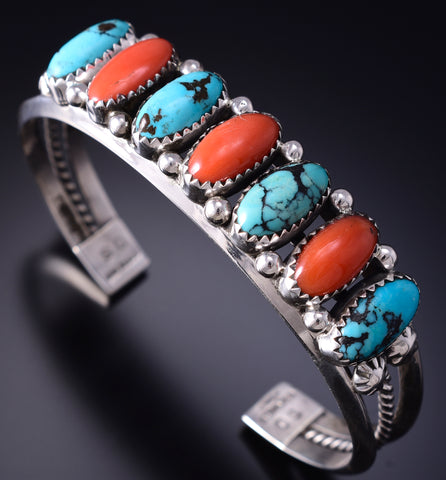 Vintage Silver & Turquoise w/ Coral Row Navajo Bracelet signed DS 6E14B