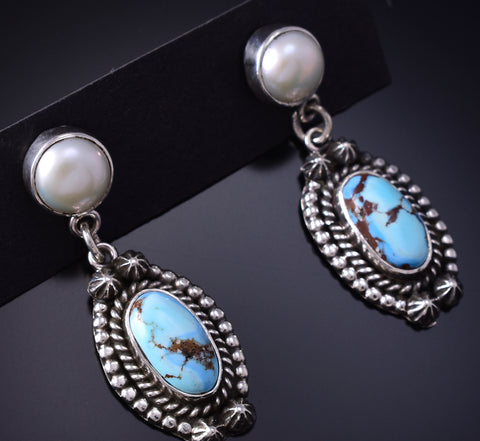 Silver & Golden Hills Turquoise Fresh Pearl Navajo Earrings by Erick Begay 6F28M