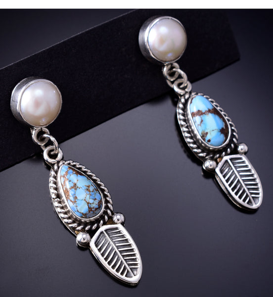 Silver & Golden Hills Turquoise Fresh Pearl Navajo Earrings by Erick Begay 6F27H