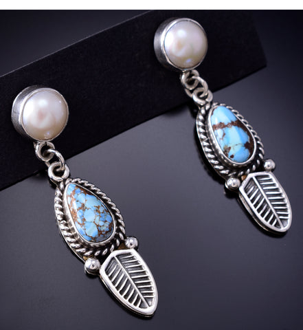 Silver & Golden Hills Turquoise Fresh Pearl Navajo Earrings by Erick Begay 6F27H
