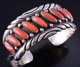 Vintage Silver & Coral Row Navajo Handmade Sway Bracelet 5K17C