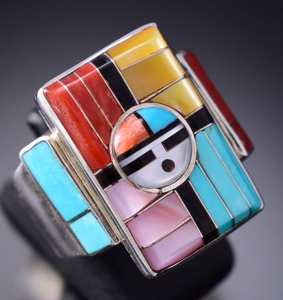 Size 8-1/2 Silver & Turquoise Multistone Zuni Inlay Sunface Ring Don Dewa 6H31K