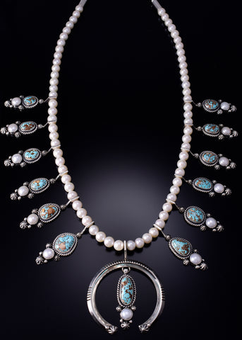Silver & Kingman Turquoise Fresh Pearl Navajo Squash Blossom - Erick Begay 6C03H