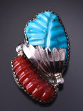 Silver & Turquoise w/ Coral Zuni Leaves Pendant by Lyolita Tsattie 5B06Z
