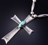 Vintage Silver & Turquoise Navajo Pearls w/ Cross Pendant Necklace 5G28Q