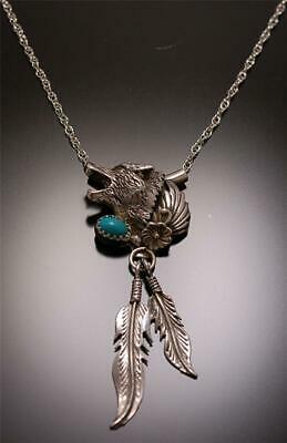 Wonderful Silver Howling Wolf & Turquoise Necklace - Navajo Handmade 4D11F