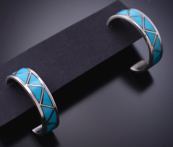 Silver & Turquoise Zuni Inlay Mini Hoop Earrings by Tina Haloo 6D09X
