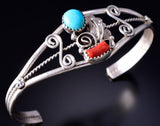 Silver & Turquoise w/ Coral Navajo Open Face Bracelet by William Begay 5L20O