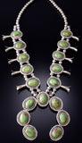 Vintage Silver & Gaspeite Navajo Squash Blossom Necklace signed KA 6G29P