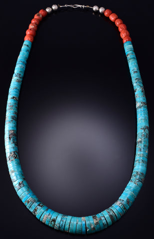 Vintage 28" Turquoise & Coral Santo Domingo Necklace 6H06D