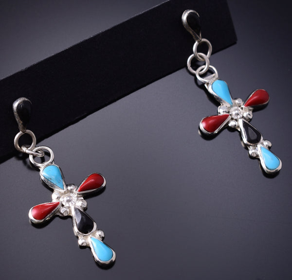 Silver & Turquoise Multistone Zuni Inlay Cross Earrings by Cecelia Iule 6H25Y