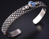 Silver & Golden Hills Turquoise Navajo Handstamped Bracelet by Erick Begay 5H02C