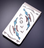 Silver Turquoise & Coral Navajo Chip Inlay Money Clip 4A31V