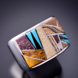 Size 9 Silver & Turquoise Multistone Navajo Inlay Men's Ring by TSF 3L07G