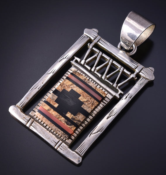 Vintage Silver Multistone Navajo Inlay Rug & Loom Pendant by Richard Begay 5K17Y