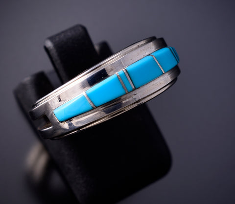 Size 7-1/2 Navajo Sterling Silver Turquoise Inlay Ring by Wilbert Muskett 6K27S