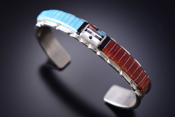 Turquoise and Coral Zuni Sunface Bracelet by Don Dewa 6K28V