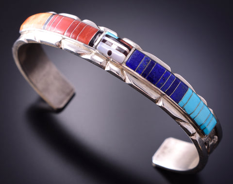 Silver & Turquoise Multistone Zuni Inlay Sunface Bracelet by Don Dewa 4A29V