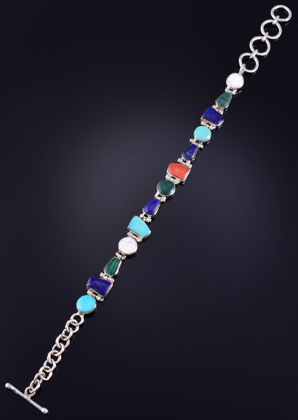 Vintage Silver & Turquoise Multistone Navajo Link Bracelet by VT 5L17F