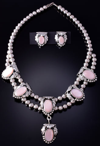 Vintage Silver & Pink Mother of Pearl w/ Feathers Necklace & Earring Set 5D07Z