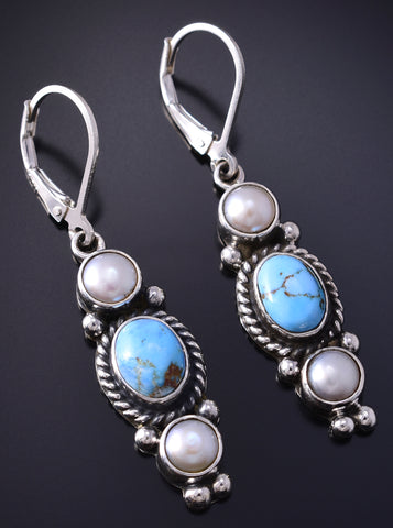 Silver & Golden Hills Turquoise Fresh Pearl Navajo Earrings by Erick Begay 5H02O