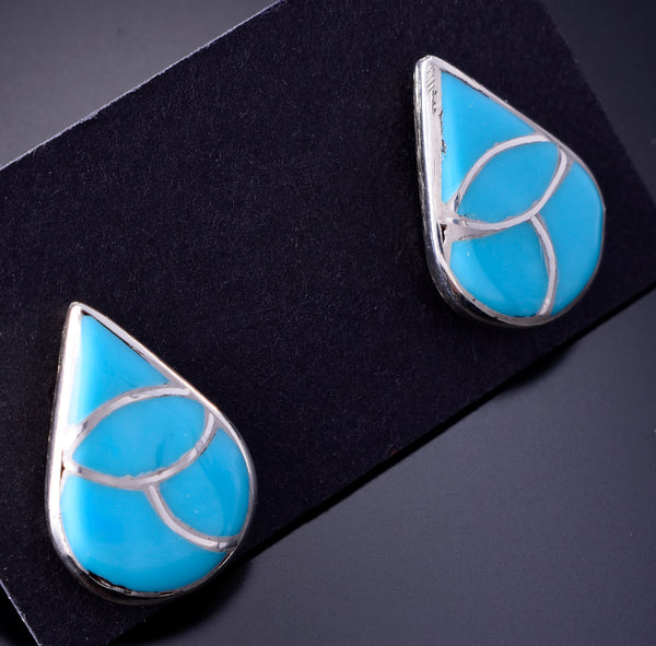 Silver & Turquoise Zuni Scallop Inlay Water Drop Earrings by Oreena Leekya 3H02D