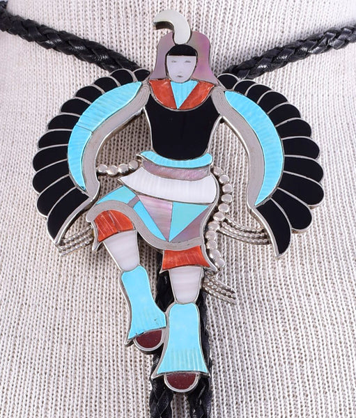 Large Zuni Eagle Dancer Bolo Tie by Eddie Beyuka 5L11G
