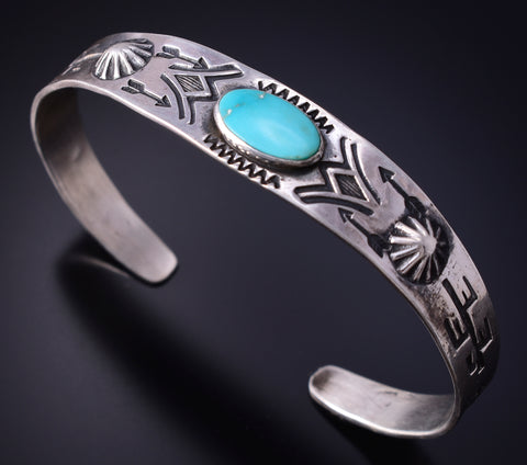 Fred Harvey-Style Vintage Silver & Turquoise Stamped Bracelet 5K17P