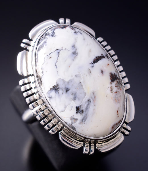 Size 9 Silver & White Buffalo Turquoise Navajo Round Ring - Norvin Johnson 5L07T