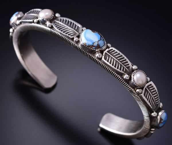 Silver & Golden Hills Turquoise Fresh Pearl Navajo Bracelet by Erick Begay 6F28U