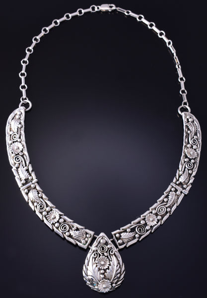 Vintage 19" Silver Feathers & Flowers Navajo Necklace by Anna Begay 5E06R