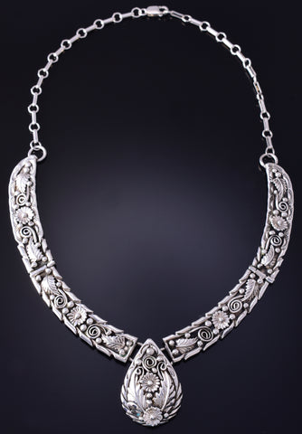 Vintage 19" Silver Feathers & Flowers Navajo Necklace by FA 5E06R