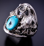 Size 9-1/2 Silver & Turquoise Howling Wolf Navajo Men's Ring J. Saunders 4L10S