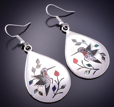 Silver Multistone Zuni Inlay Hummingbirds Earrings by Raymond Boyd 4A29C
