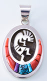 Silver & Coral Multistone Navajo Inlay Kokopelli Pendant by Erick Begay 3H20M